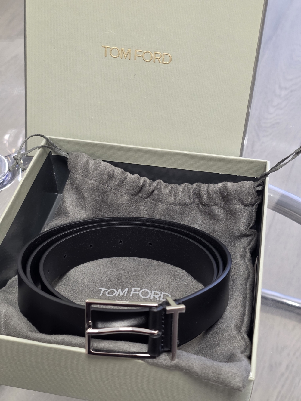 Tom Ford Black Leather Belt with Silver Buckle 110cm